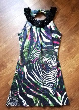 Сарафан платье зебра с камнями вышивкой женское короткое бант