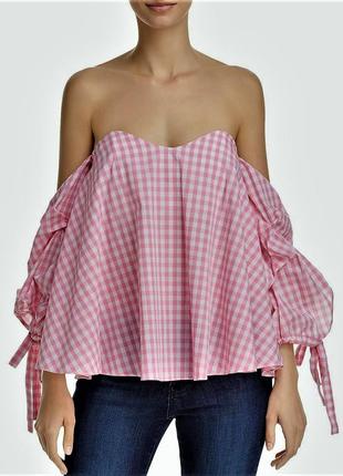 Блуза в ніжну рожеву клітку зі спадають плечима і широкими рукавами 3/4, м3 фото