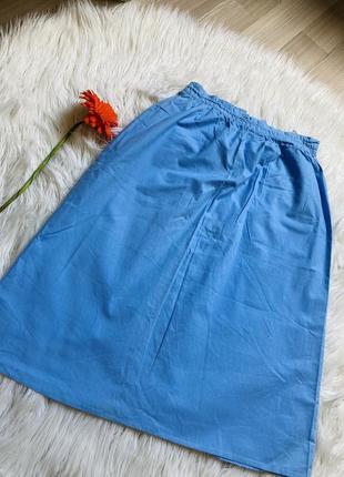 Голубая хлопковая юбка с карманами высокая посадка6 фото