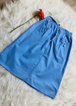 Голубая хлопковая юбка с карманами высокая посадка2 фото