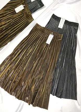Шикарная золотистая и серебристая плиссированная юбка размер хс, с1 фото