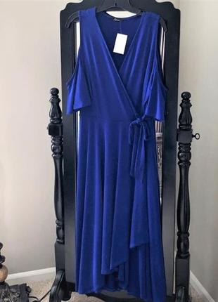 Платье синее а-силуэт на запах с вырезами по плечам,на 50-52 рр7 фото