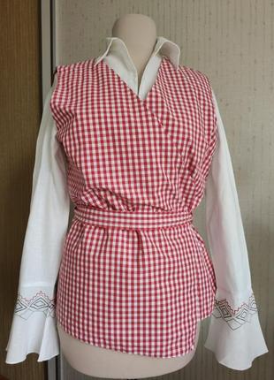 Жилет на запах блузка червоно-біла клітка пояс 💝