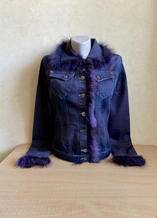 Джинсова фіолетова куртка/піджак з хутром пісця жіноча від турецького бренду амнезія