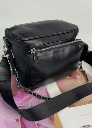 Женская кожаная сумка через плечо с текстильным ремешком жіноча шкіряна сумочка5 фото