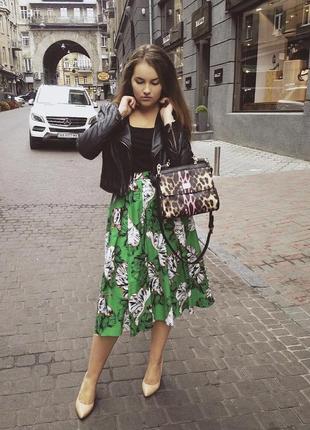 Юбка миди зелёная в цветы