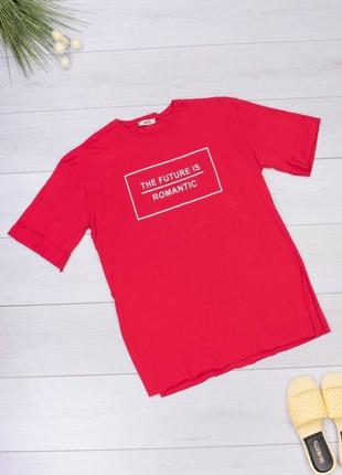 Стильная красная длинная футболка туника с надписью оверсайз большой размер батал3 фото