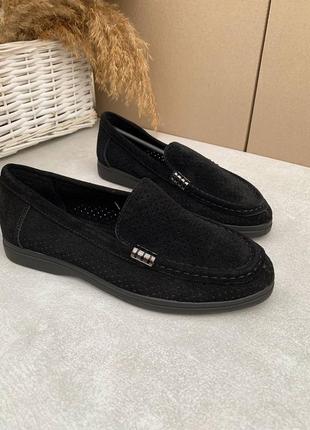 Чёрные женские лоферы туфли замшевые сквозная перфорация2 фото
