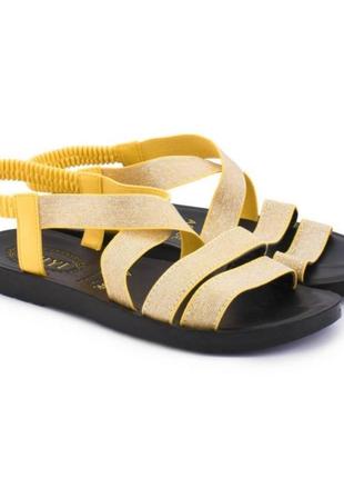 Стильные желтые босоножки сандалии низкий ход без каблука на резинке блестящие