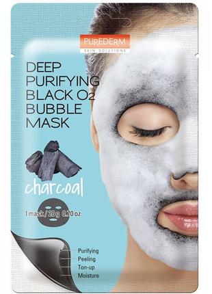 Кислородная маска с  углем purederm deep purifying black o2 bubble mask charcoal 20g2 фото