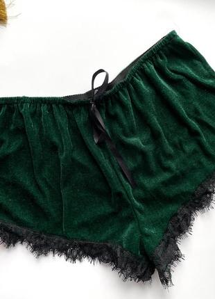 ✨изумрудные шорты для сна бархат/тёмно зелёные пижамные бархатные шорты с кружевом✨
