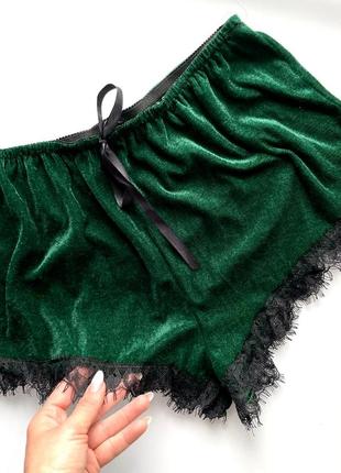 ✨изумрудные шорты для сна бархат/тёмно зелёные пижамные бархатные шорты с кружевом✨4 фото