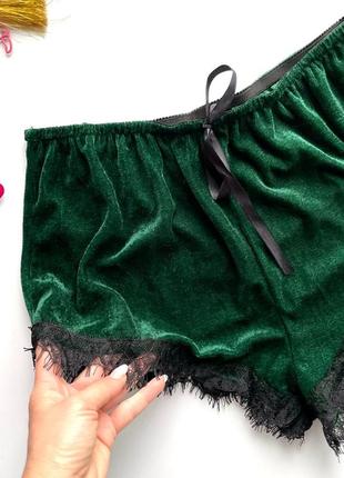 ✨изумрудные шорты для сна бархат/тёмно зелёные пижамные бархатные шорты с кружевом✨9 фото