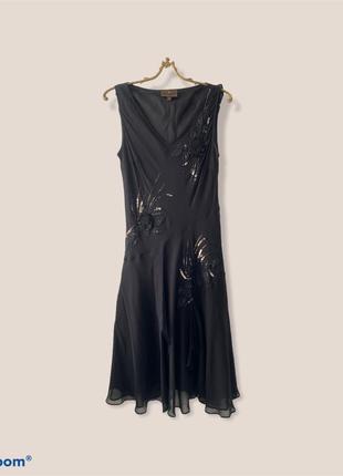 100% шёлк. чёрное лёгкое платье миди с вышивкой