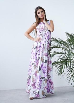 Белое длинное платье с цветочным принтом арт: 11732_мультиколор