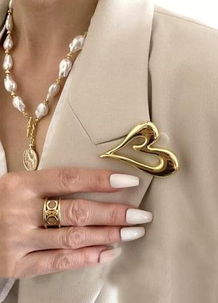 Трендова брош серце 💛 в стилі monet, мінімалізм, сталь позолота, брошка сердечко