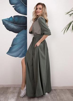 Длинное платье с комбинированным принтом арт: 12525_хаки