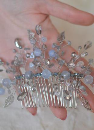 Свадебный гребень с кварцем "дым над водой"