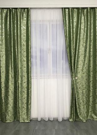 Комплект готовых штор с люрексом 150x270 cm (2 шт) зеленые2 фото