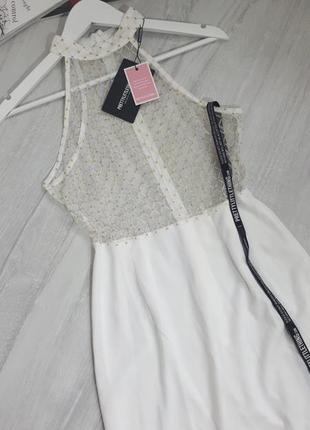 Белое обтягивающее платье в сеточку prettylittlething. короткое коктейльное секси платье3 фото