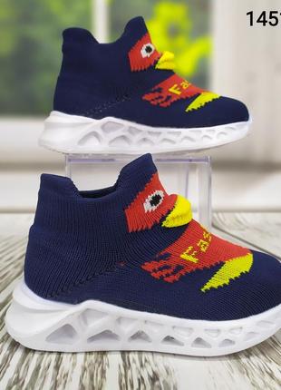 Дитячі текстильні кросівки-шкарпетки для хлопчика сині з качечкою з led підсвічуванням