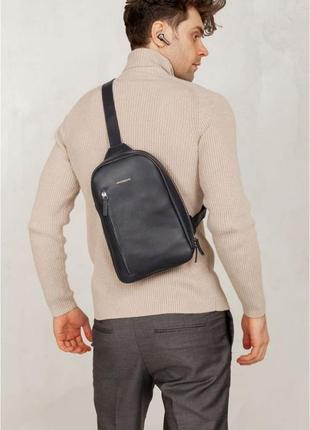 Кожаный мужской рюкзак (сумка-слинг) на одно плечо chest bag синий