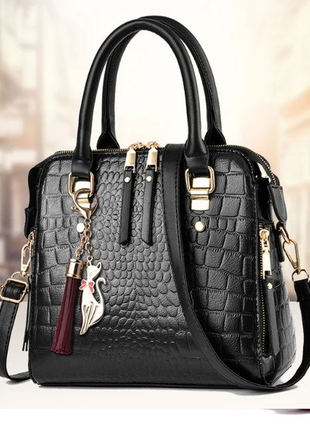 Женская кожаная черная стильная жіноча шкіряна модная сумка змеиная кожа рептилия2 фото