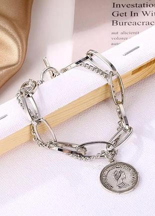 Стильный трендовый браслет с монетой, массивная цепь, двойной браслет в серебре