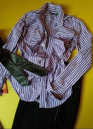 Гарна сорочка у фіолетову смужку з рюшами обораками