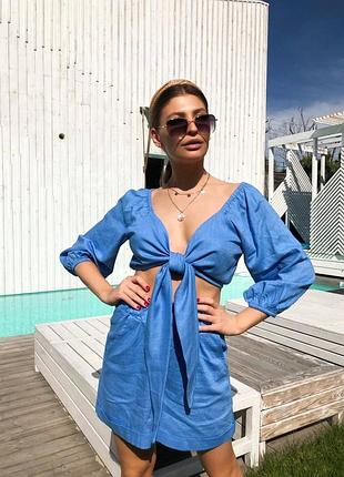 Бомбовый льняной костюм шорты и рубаха