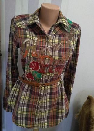 Хлопковая винтажная рубашка  в клетку винтаж вышивка