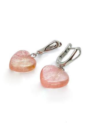 🌸💗 романтичні ніжні сережки з підвісками "сердечка" натуральний камінь халцедон
