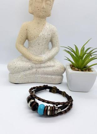 🌏✌️ плетеный браслет фенечка с бусинами бирюза, гематит и дерево2 фото