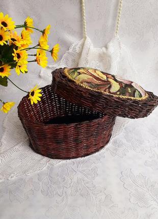 Шкатулка корзинка плетеная короб с крышкой ручная работа винтаж гобелен2 фото