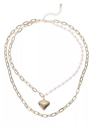 Двойная цепь ожерелье жемчуг сердце стильная тренд цепочка сокер колье подвеска9 фото