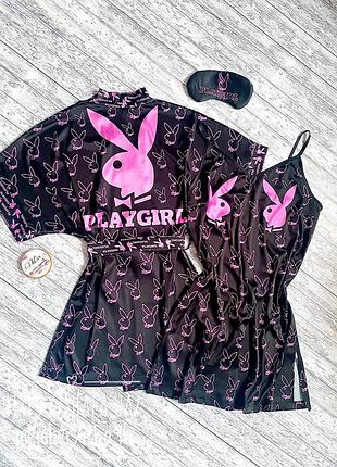 Шовкова ночнушка і халат з принтом play girl
