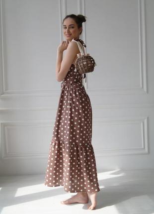 Сарафан в горошок з відкритою спинкою з натурального льону, лляна літня сукня, летнее льняное платье,1 фото
