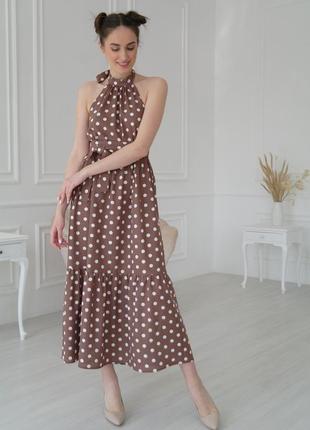 Сарафан в горошок з відкритою спинкою з натурального льону, лляна літня сукня, летнее льняное платье,4 фото