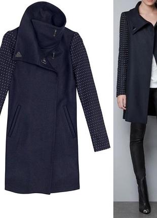 Темно-синее пальто blogger из смесовой шерсти с заклепками на рукавах zara xs 6-8