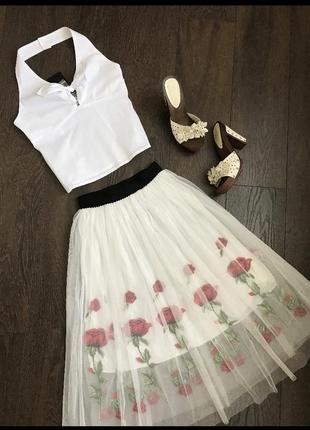 Комплект в стиле dolce&gabbana 😍 юбка с вышивкой, котоновый топ бюстье