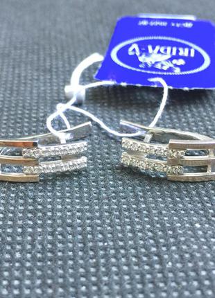 Новые родированые серебряные серьги зол.пластины куб.цирконий серебро 925 пробы