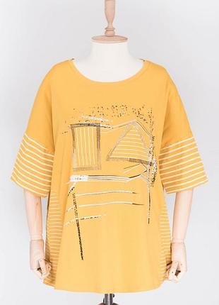 Стильна жовта футболка з малюнком туніка великий розмір батал оверсайз