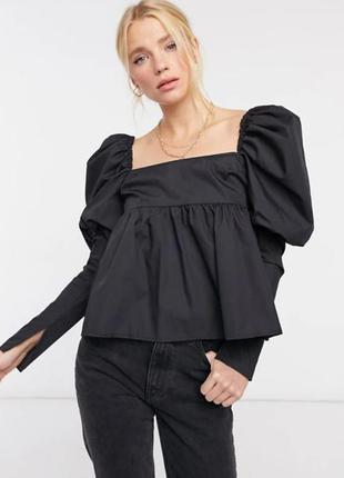 Нарядный топ asos design xs 34 хлопок черный с объемными рукавами буффами