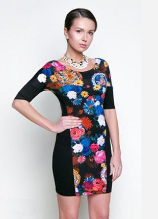 Трикотажное комбинированное платье сукня  цветочный принт 🌸