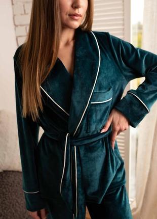Плюшевый домашний костюм шаль, короткий халат и штаны, велюровая пижама6 фото