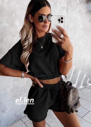 Базовый спортивный костюм трикотаж, однотонный комплект с топом и шортами, 3 цвета, 81ко