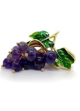 🍇☘️ брошка-кулон "гроно" натуральний камінь котяче око, емаль рухливі намистини виноград7 фото