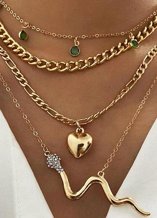 Многослойное ожерелье колье чокер подвеска змея сердце кристаллы