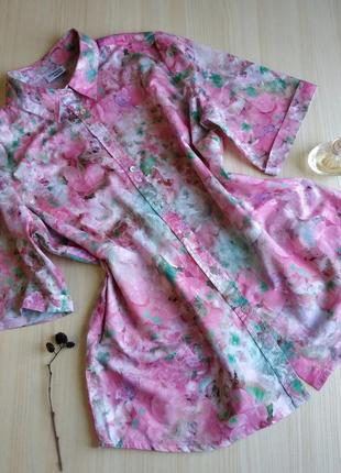 Рубашка розовая цветы винтажная гавайка акварельный принт хлопок xxl оверсайз1 фото