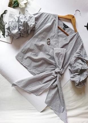 Шикарна котонова блуза в смужку на запах з об'єднання ємними рукавами😍 new look, р. xs/s